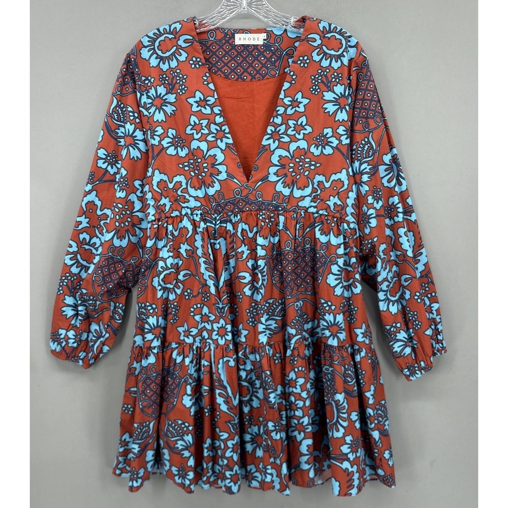 Rhode‎ Dress Womens Medium Orange Blue Floral Tiered V-Neck Boho Mini Resort